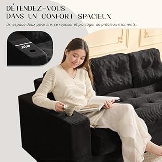 Litbird canapé 3 Places 190 cm pour Salon, Petit canapé Confortable sans Structure, avec Coussins et accoudoirs, Double Porte-gobelets, Tissu côtelé, sans Montage, Noir
