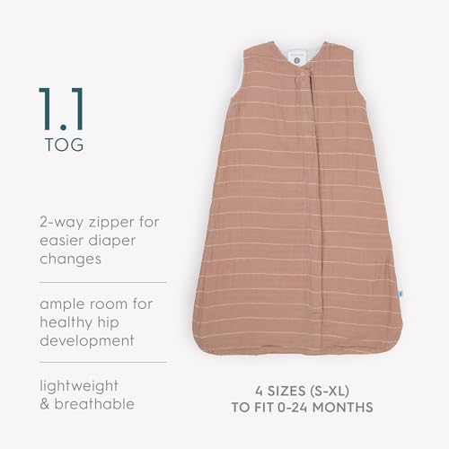 Image of Little Unicorn 0-6 Month Premium Muslin Sleep Sack 1.1 TOG | Soft & Breathable Muslin Cotton for safer sleep | 2 way zipper (Mauve Stripe)