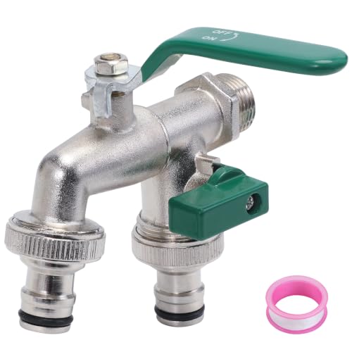 Scinouakpy Grifo Doble Jardin, Grifo de Doble Salida Resistente al óxido y a Las Heladas con Dos Salidas de 3/4", Grifo Exterior Jardin con Cinta de Sellado, Grifo de Jardín para Lavadora y Jardín