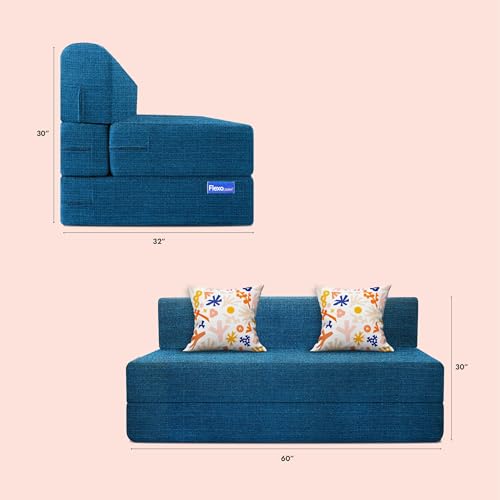 Image of Starlon 3 Seater Sofa Cum Bed Foldable 3-in-1 Sofa Bed with 1 Year Warranty, Washable Jute Fabric Cover & 2 Floral Pillows | Queen Size Guest Bed | Pre-Assembled Aqua Teal 5x6.5 Ft