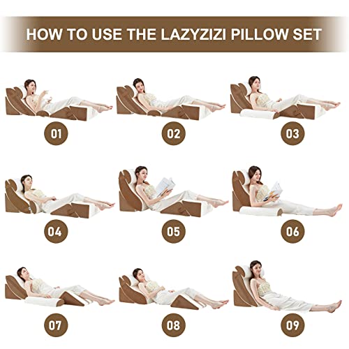 6pcs Orthopedic Bed Wedge Pillow Set, Memory Foam Wedge Pillow for Sleeping, Knee, Lumbar and Back Pain Relief Adjustable Bed Pillow - Acid Reflux, Anti Snoring & GERD Sleeping, Brown