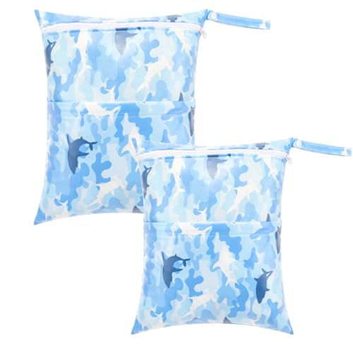 Image of 2-Pack Baby Wet Dry Bags Waterproof Reusable Diaper Bags with Two Zippered Pockets Travel Beach Pool Gym and Yoga Bag for Cloth Diapers Wet Clothes Swimsuits and Breast Pump Parts
