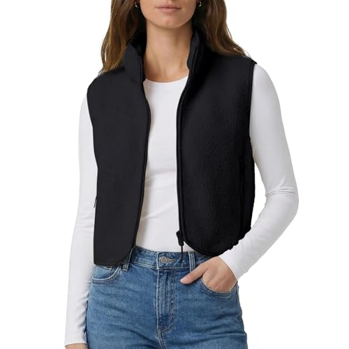 Polomitas Womens Cropped Fleece Vest Sherpa Vest Warm Fuzzy Fall Jacket Sleeveless Zip Up Waistcoat with Pockets(Black M)
