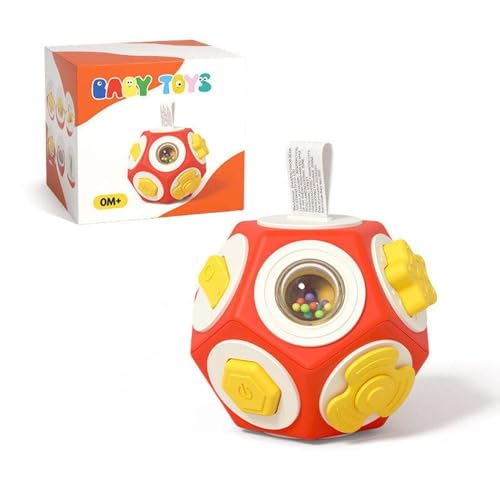 Image of 12-in-1 Plastic Busy Cube Toy for Toddlers - Educational Sensory Activity Ball with Rattle, Buttons, Gears & Mirror - Montessori Fine Motor Skills Travel Toy for Babies 0-3 Years (Red Cube)