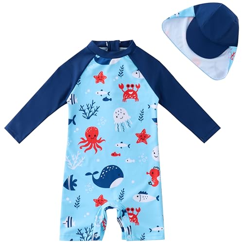 Image of UMELOK Baby Boys UPF 50+ Sun Protection One Piece Rashguard Swimsuit with Snap Bottom
