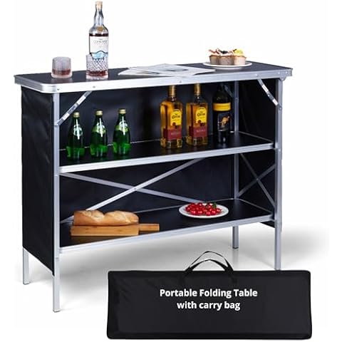 Watbick Portable Bar Table for Party, Folding Camping Table, 2-Tier Open Storage Shelves, 43.5''L x 34.5''H, Foldable Picnic Table for BBQ, Outdoor Bars Events, Removable Oxford Cloth (Black) Cover