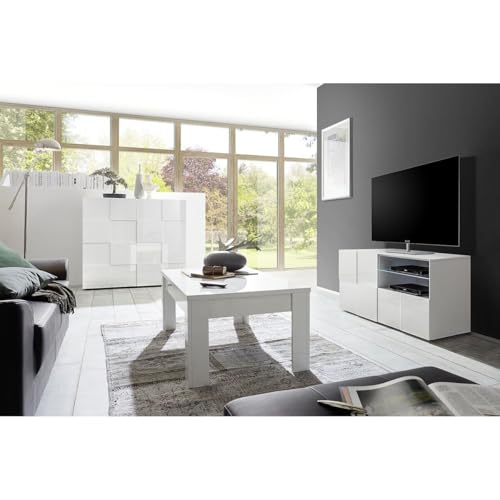 AltoBuy Rebecca - Ensemble Salon Complet Meuble TV 121 cm Blanc Laqué Weiss Relief Damiers