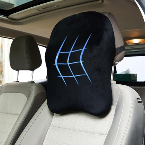 Image of Amazon Basics Memory Foam Filled Cotton Car Neck Rest Pillow|Ergonomic Design|Neck,Shoulder Pain Relief|Driving & Travel Comfort|Washable Cover|1 Year Warranty | Black| 40x30x15 cm
