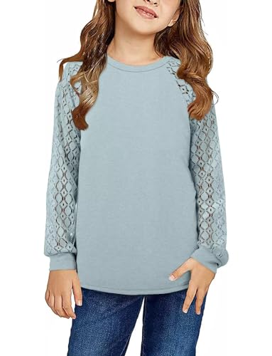 Image of Yoklass Girls Long Sleeve Shirts Kids Lace Casual Cute Crew Neck Top Sizes 5-14 Years