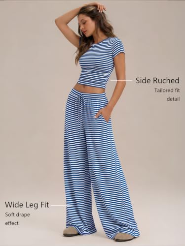 Image of Trendy Queen 2 Piece Matching Summer Lounge Set Womens Side Ruching Top Wide Leg Pants Sets with Pockets