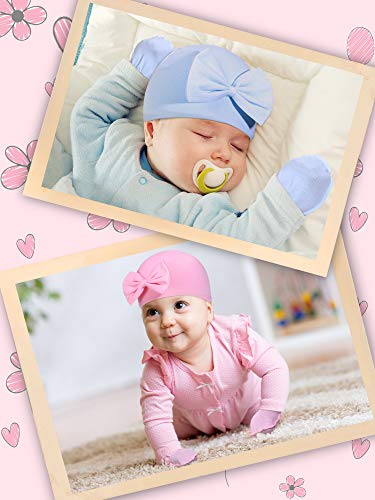 12 Pieces Newborn Baby Hats Mittens Set Bow Beanie Cap Cotton Glove For 0-6 Baby (Soft Colors) #TOP6