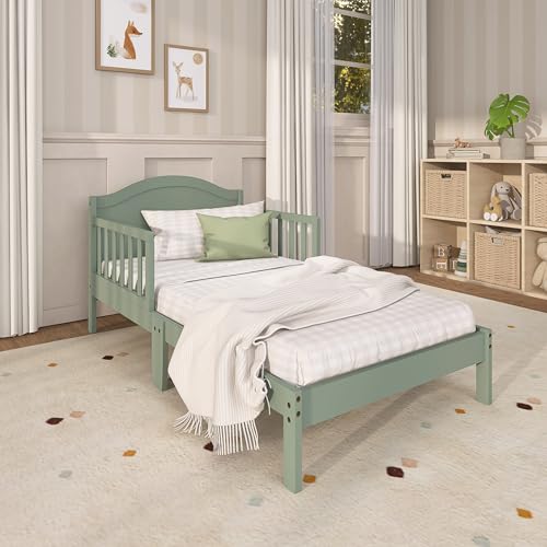 Image of Dream On Me Sydney Toddler Bed, Low Floor Wooden Bed, Side Safety Bed Rails, GREENGUARD Gold & BSA Certified, Non-Toxic Water Based Paint, New Zealand Pinewood, Up to 50 lbs - Meadow Green