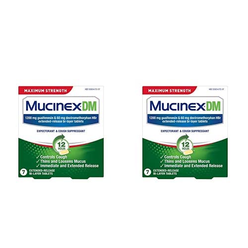 Cough Suppressant & Expectorant,Mucinex DM Maximum Strength 12-h Tablets,7ct,1200 mg Guaifenesin,Relieves Chest Congestion,Quiets Wet&Dry Cough,#1 Doctor Recommended OTC expectorant (Pack of 2)