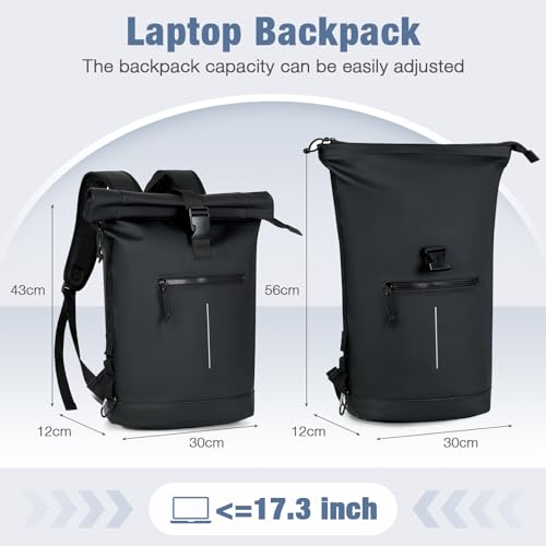 Lekeinchi 17-Inch Waterproof Laptop Backpack for Men and Women - Roll Top Design for School, Travel, Business, Work, and Camping(Black) - Image 2