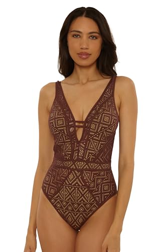 BECCA Color Play - Women's One Piece Swimsuit, Plunge Neck, Crochet, Bathing Suits for Women, Mocha Tan, Medium