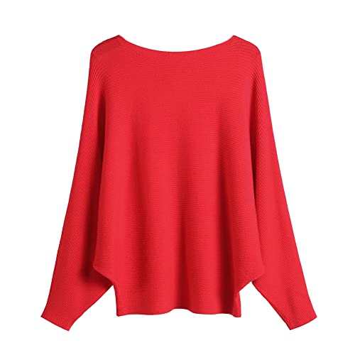 Image of Blostirno Women's Boat Neck Batwing Sleeves Dolman Ribbed Knitted Sweaters Pullovers Tops