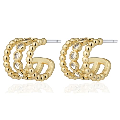 Image of Obidos 14K Gold Plated Illusion Stud Earrings for Women | Triple Huggie Hoop Earrings for One Hole| Trendy Simple Hypoallergenic Fashion Accessories Gold Jewelry Gifts for Womens