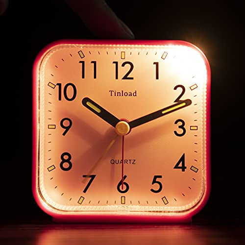 Tinload Small Battery Operated Analog Alarm Clock Silent Non Ticking, Ascending Beep Sounds, Snooze,Light Functions (Pink)