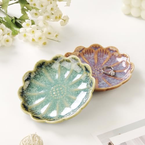 Image of Lotus Ring Holder Dish Small Indoor Ash Tray, Ceramic Dessert Plate Trinket Jewelry Holder Organizing Necklace Earrings for Parents Friends Sister, Deep Green. All Jewelries Are NOT Included.