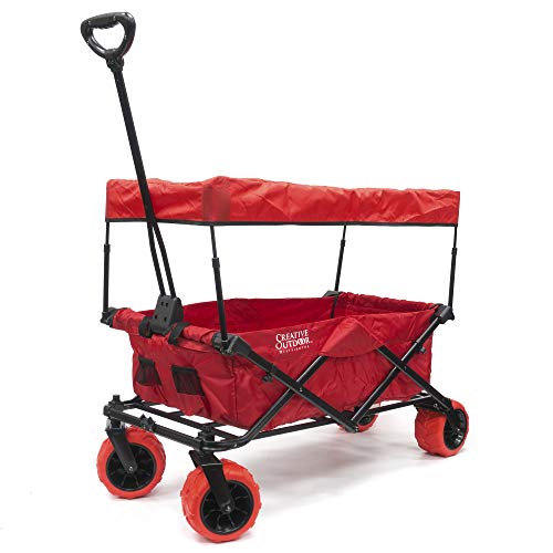 Creative Outdoor Collapsible Folding Wagon Cart For Cargo | All Terrain | Removable Canopy Sun Shade Included | Beach Park Garden Sports & Camping | Red #TOP12