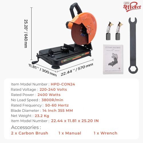 Image of HPD Shakti 14 inch Chop Saw Machine | 2000W Copper Motor Heavy-Duty Metal Cut Off Saw | 355mm Steel Cutting Machine with Free Wheel | Powerful Copper Motor Cutter for Workshop & DIY