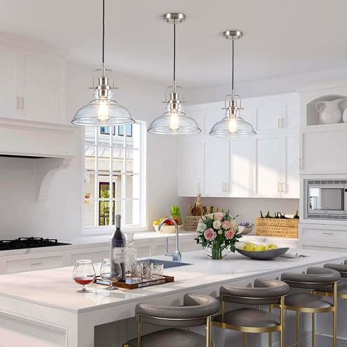 Image of Zlepmlla Modern Glass Pendant Light,Farmhouse Industrial Light Fixture with Adjustable Cord, Seeded Glass Shade, Hanging Lights for Kitchen Island,Hallway, Dinning Room