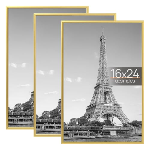 Image of upsimples 16x24 Picture Frame Gold 3 Pack, Scratch-Proof Poster Frames 16 x 24 for Photo Gallery - Slide-In Strips, Horizontal or Vertical Wall Mounting