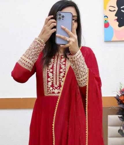 Image of KEDARFAB Women's Georgette Sequence Embroidered Anarkali Kurta Set with Dupatta | Gown Dress for Women (L-Red Kismat Gown)