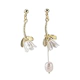 Cualque Pendientes de plata de ley 925 con diseño de lirio de lirio de perlas y flor de lirio del valle, colgante de pétalo para mujer y novia, Acero inoxidable, Sin piedra preciosa