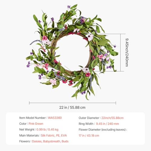 Image of VEVOR Spring Wreath for Front Door 22 Inch - Large Artificial Flower Wreath with Daisy & Lavender, Year-Round All Season Outdoor Indoor Door Decor