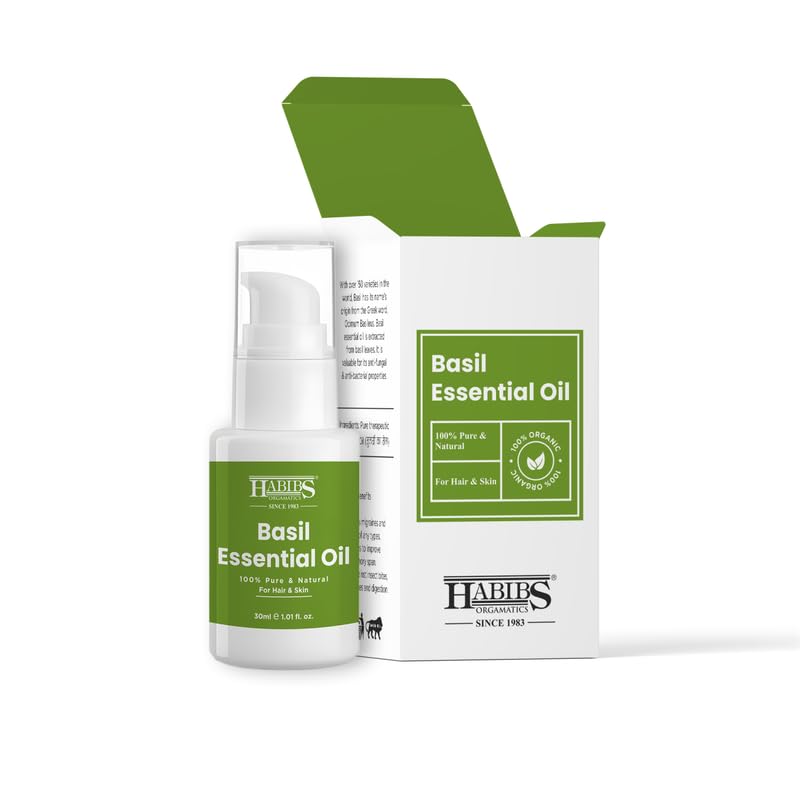 Image of Habibs Pure Basil Essential Oil - 100% Undiluted, Therapeutic Grade for Stress Relief & Mental Clarity 30ML
