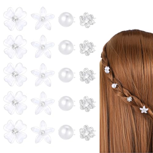 Yuanchu Clip para el pelo de flores blancas pequeñas, 20 unidades, 4 estilos, flores acrílicas, accesorios para el pelo, tamaño pequeño, horquilla de pelo de perlas, tocados de boda, tiara nupcial,