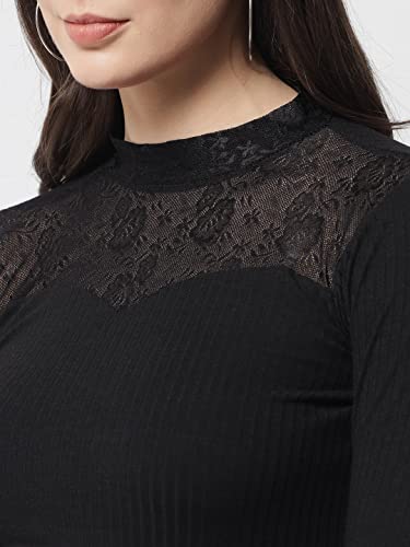 Image of POPWINGS Ribbed Black Full Sleeve Neck Design Top
