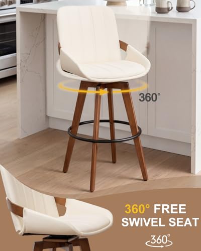 Image of AQG Beige Bar Stools 30 Inch Set of 3 Leather Bar Height Stools with Backs, Mid Century Modern Swivel Bar Chairs, Upholstered Barstools Wood Frame for Kitchen Island