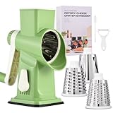Rotary Cheese Grater with Handle Kitchen Shredder Slicer Grater Slicer Ice Shaver Cheese Vegetable Nuts Potato Zucchini Chocolate 3 Interchangeable Blades (Green)