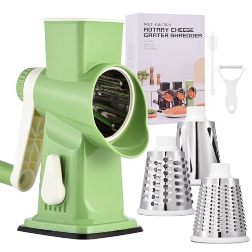 Image of Rotary Cheese Grater Hand Crank Transparent - Shredder Slicer Grinder 3 Stainless Steel Blades, Stable Suction, Labor-Saving Handle, Safe Kitchen Tool for Cheese, Vegetable, Nuts, Chocolate
