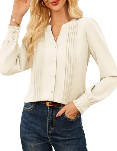 GRACE KARIN Womens Business Dressy Casual Blouses Pleated Long Sleeve Button Down Shirts V Neck Work Office Tops Loose Fit