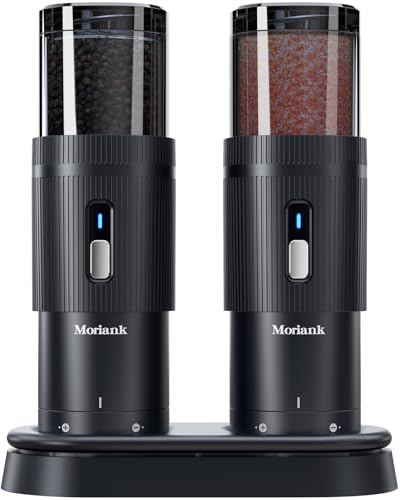 Upgraded Larger Capacity Electric Salt and Pepper Grinder Set, Rechargeable Salt and Pepper Grinder Set with Charge Base, Adjustable Coarseness, Efficient Kitchen Gadgets, Iron Gray