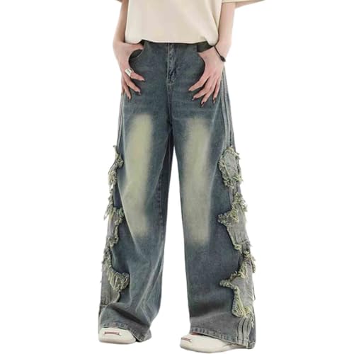 BXCNCKD Unisex Star Patch Denim Skirt, Loose Straight Leg Hanging Pants, Casual Wide Leg Pants