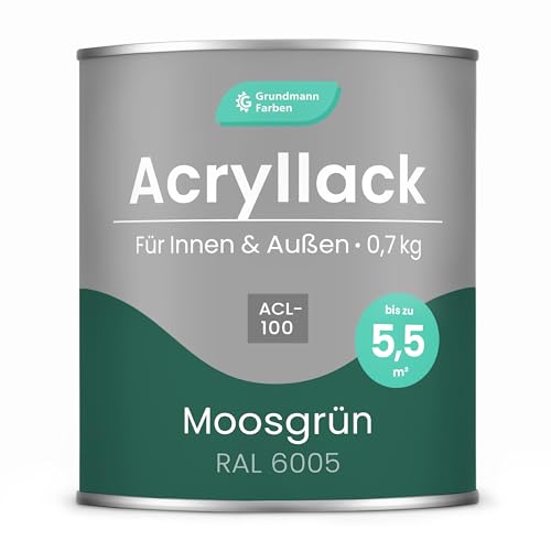 Grundmann Acryllack ACL 100 - Grün 0,7 Kg - 4in1 Lack inkl. Grundierung - Innen und Außen - Für Holz, Metall, Stein & Kunststoff - Moosgrün RAL 6005