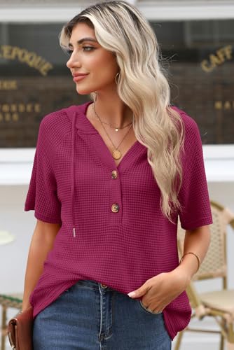 Image of Dokotoo Womens Summer Tops Waffle Knit Short Sleeve Lightweight Drawstring Hoodies Button V Neck Casual Blouses Shirts