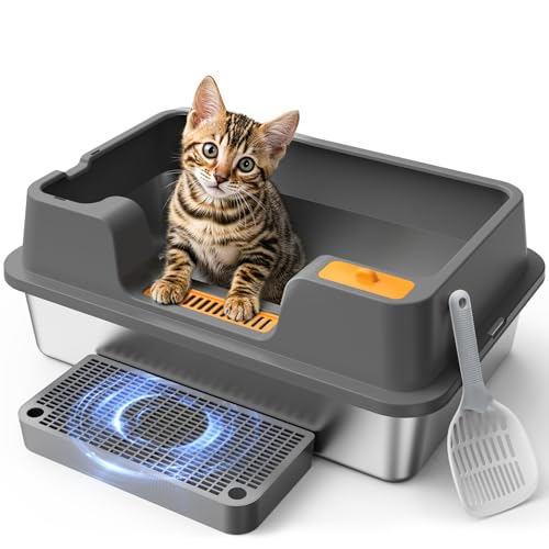 OROLEY Extra-Large Stainless Steel cat Litter Box Features a Covered Design, high Sides to Prevent Litter from Spilling, an Easy-to-Clean Non-Stick Surface, a Scoop.