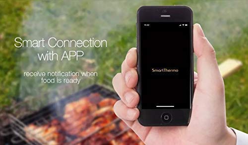 Smartphone displaying the SmartThermo app with a BBQ in the background
