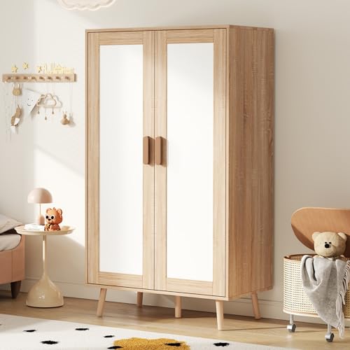 BTM Kleiderschrank 2 Türig Kinderzimmer Kleiderschrank 80cm Breit mit Stange Schlafzimmerschrank Weiß & Naturholz-Optik