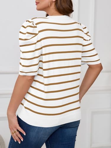 Image of Beautife Womens Plus Size Short Puff Sleeve Sweater Tops Lightweight Striped T Shirts Summer Casual Crew Neck Knit Pullover Brown