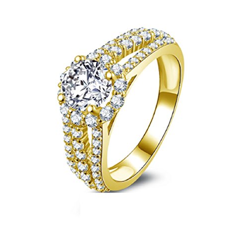 Bague de fiançailles halo or jaune 10K et trois rangées CZ pour illuminer votre quotidien