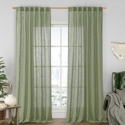 LAMIT Sage Green Linen Curtains for Living Room 84 inch Length 2 Panels, Light Filtering Semi Sheer Drapes Back Tab and Rod Pocket Neutral Panels for Bedroom/Sliding Glass Door, 52 x 84 Inch