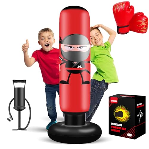 EIVONDA Saco de Boxeo Niños 160cm Inflable Ninja Saco de Boxeo con Guantes de Boxeo y Bomba Saco de Boxeo para Practicar MMA Karate Taekwondo y Aliviar la Energía Reprimida (Rojo)