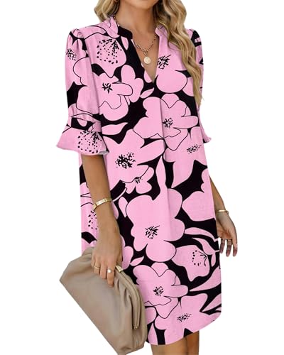 AUSELILY Women's Shift Dresses V Neck Ruffle Short Sleeve Casual Summer Dress with Pockets, Black Pink Flower XL