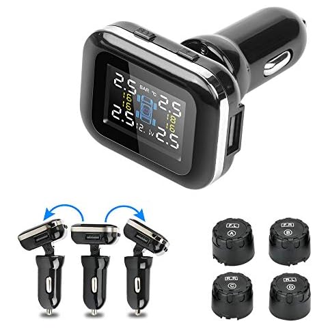 Jansite Tyre Pressure Monitoring System TPMS Cigarette Lighter Charging USB Port Wireless Adjustable Angle with 4 External Sensors Auto Alarm Real-time Display Temperature Pressure 12V Vehicles Cover
